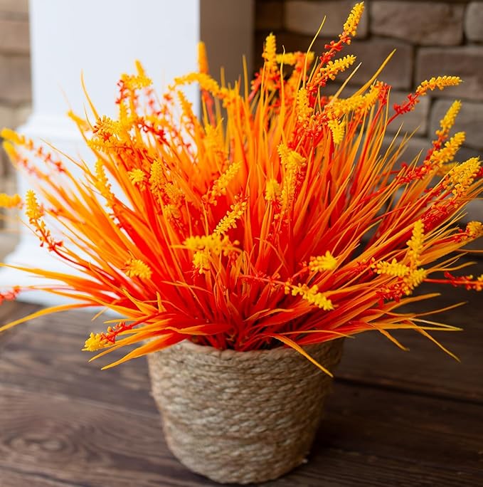 Artificial Fall Fake Outdoor Plants Flowers for Autumn Decoration,10 Bundles Faux Plastic Tall Monkey Grass Greenery UV Resistant Realistic for Home Outside Planter Window Porch Patio Garden (Orange)