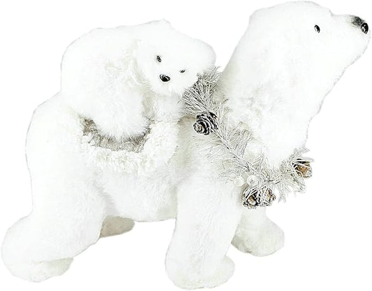 naturevibe 9.4 Inches White Faux Fur Polar Bear Christmas Decorations with Garland,Christmas Polar Animal Baby Bear and Mom as Winter Wonderland Decorations, Holiday Home Decor
