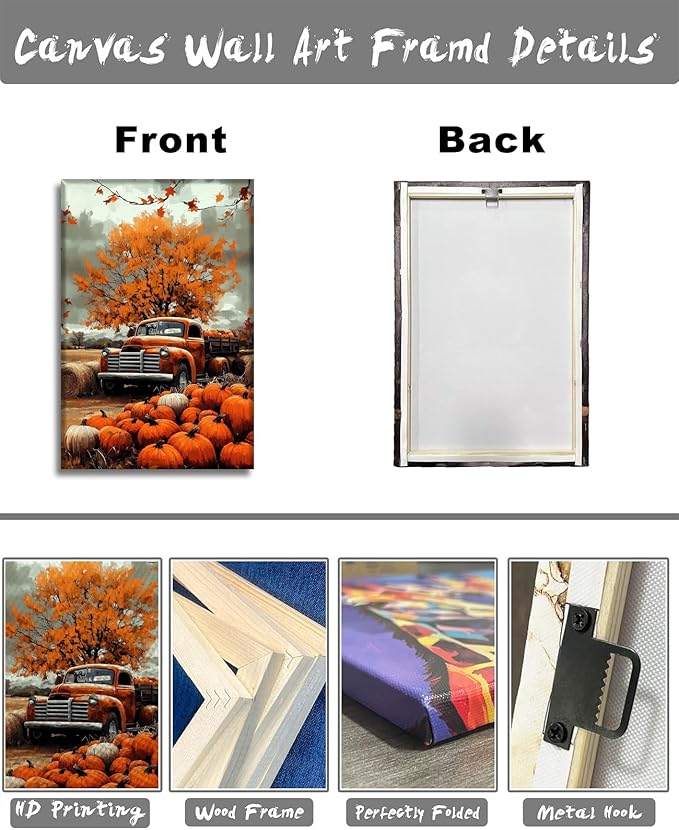 Autumn Wall Art Pumpkin Canvas Wall Decor Truck Picture Fall Harvest Painting Rustic Farmhouse Vintage Artwork for Living Room Bedroom Home Halloween Decor(Art-1,28.00"x42.00")