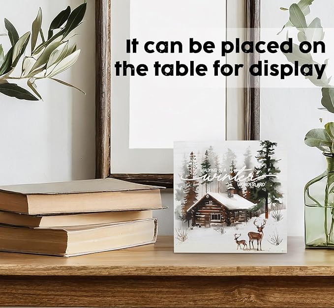 Winter Sign, Winter Christmas Reindeer Wooden Box Sign, Farmhouse Xmas Decorations, Wonderland Decorations, Christmas Wood Signs for Home Office Desk Table Shelf Decor, 5x5 Inch