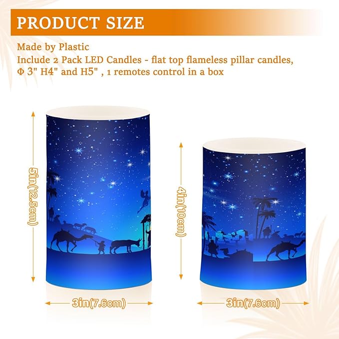ALAZA Christmas Blue Nativity Scene Flickering Flameless Candles Battery Operated with Remote Timer,Tea Light Candles LED Pillar Votive Candles Set of 2 for Outdoor Indoor Decorations