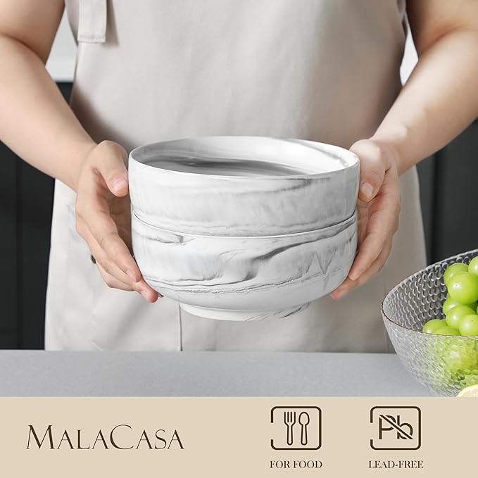 MALACASA Large Soup Bowls Set, 44 OZ (7") Salad Bowl Cereal Bowl Set of 2,Marble Grey Ceramic Bowls for Kitchen, Dishwasher & Microwave Safe, Series REGULAR