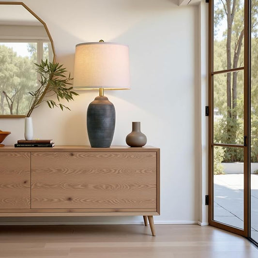 24.5" Vintage Ceramic Table Lamp - Single Farmhouse Rustic Bedside Lamp with Natural Textured Finish, Nightstand Lamps for Living Room, Bedroom, End Table, Office Retro Black