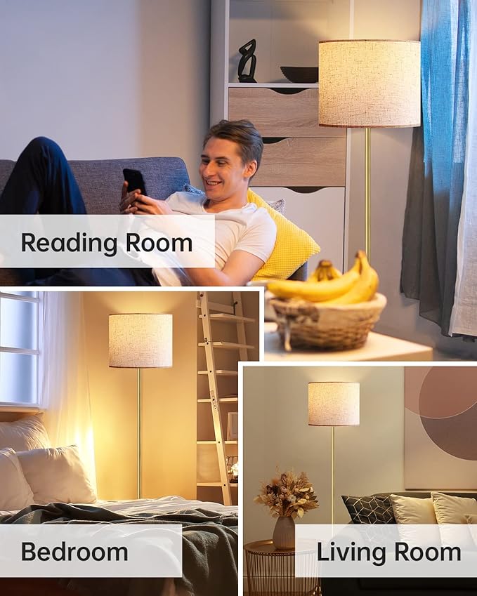 Floor Lamp Gold, Small Standing Lamp, 58" Tall Lamps with Beige Lampshade, Simple Pole Lamp for Bedroom, On/Off Footswitch, Gold Lamps for Living Room/Office/Boho,Christmas Gift for Kids(No Bulb)