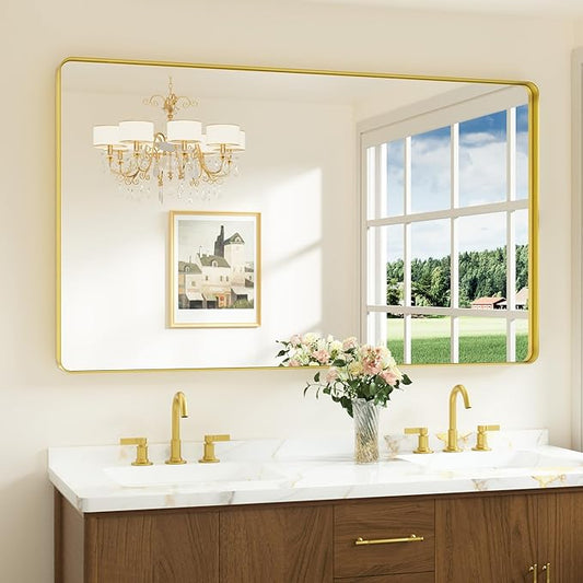 Keonjinn Gold Mirrors for Wall, 60” x 36” Large Brushed Brass Bathroom Mirrors for Over Sink, Rounded Rectangle Farmhouse Vanity Mirror, HD Tempered Glass Modern Decorative Mirror(Horizontal/Vertical)