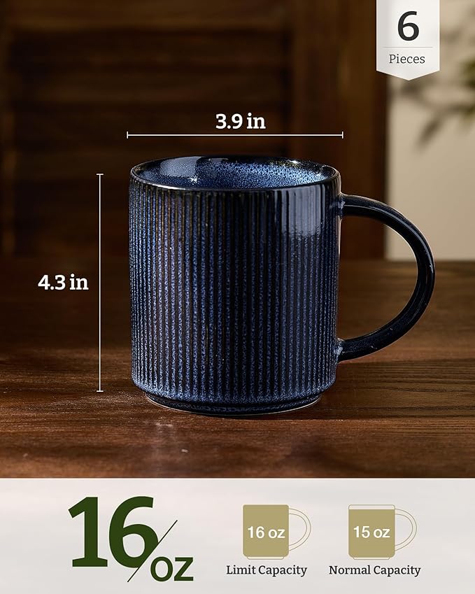 famiware Coffee Mug Set for 6, Star 16 oz Catering Mugs Cup Set with Handle for Coffee, Tea, Cocoa, Milk - Ceramic Stoneware Drinkware Set, Nebulas Blue