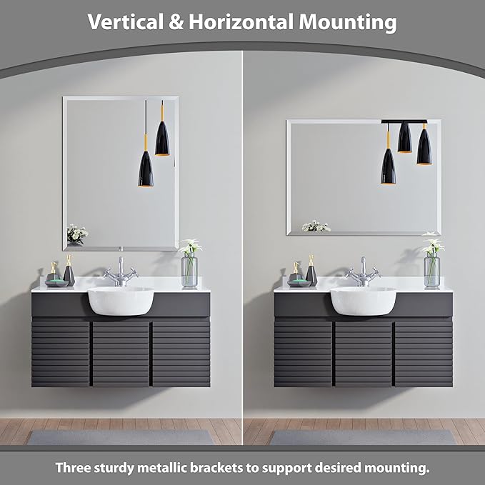 Rectangle Bevelled Frameless Mirror - Wall Mirror 24” x 36”, Shatterproof Modern Bathroom Mirror for Gym, Bathroom Vanity, Entryways with Bevelled Edge, Horizontally or Vertically