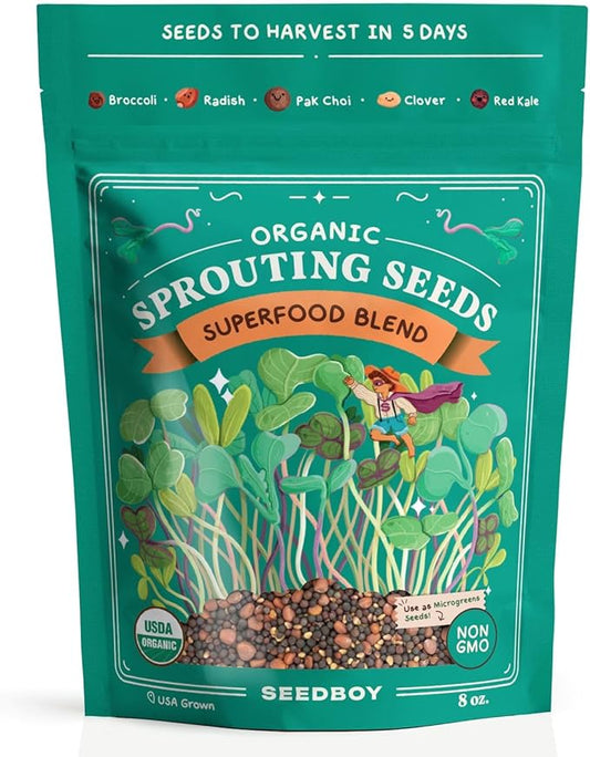 Organic Sprouting Seeds - Superfood Blend - Non-GMO, USA Grown Microgreens Mix - Broccoli, Radish, Pak Choi, Clover, Red Kale - Makes 8 Quarts of Sprouts, 24 Servings (8 oz) (Superfood Blend)
