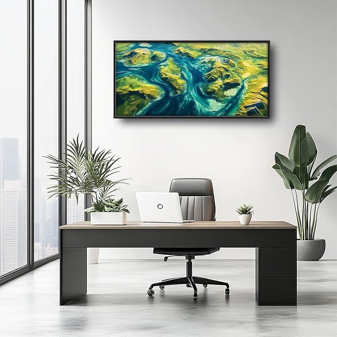Lovira Natural Landscape Aerial View Large Wall Art Green River Island Spring Canvas Wall Decor Pictures Prints Painting Framed Modern Artwork for Living Room Bedroom Bathroom Kitchen Office 30"x60"