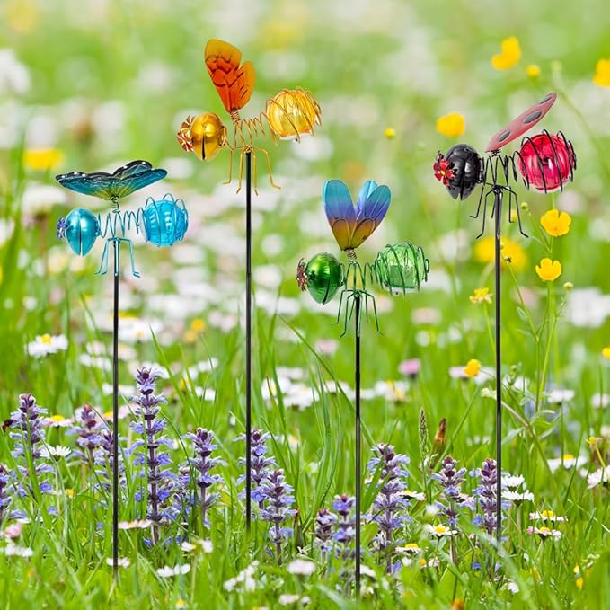 Insects Solar Garden Lights, 22.4" H Butterfly & Bee & Dragonfly & Ladybug Solar Stake Light, 4 Pcs Outdoor Statues Figurine Lights for Spring Garden Lawn Patio Yard Decoration