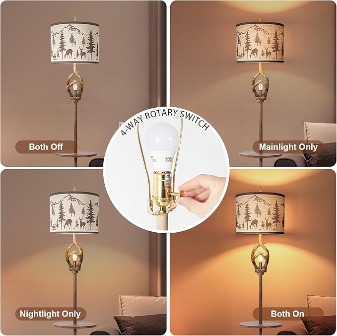 Antlers Style Metal Tray Floor Lamp with Night Light Rustic Standing Lamp with Linen Fabric Shade Farmhouse Vintage Floor Lamp Decor for Living Room Bedroom House Home Office (Bulb Included)