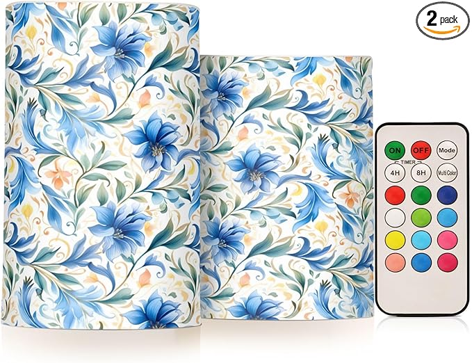 ALAZA Flowers Floral Blue Flickering Flameless Candles Battery Operated with Remote Timer,Tea Light Candles LED Pillar Votive Candles Set of 2 for Outdoor Indoor Decorations