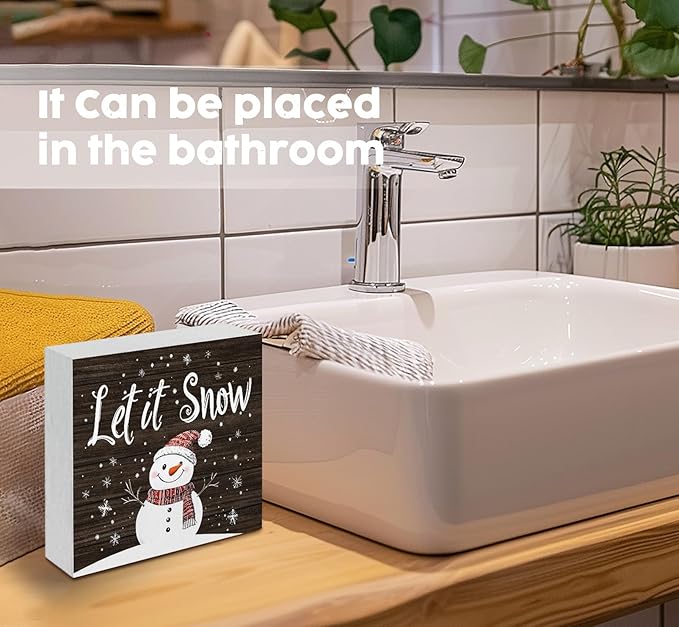 Let It Snow Sign, Christmas Snowman Snowflake Wooden Box Sign, Snowman Christmas Decorations, Winter Wood Signs for Home Office Desk Table Shelf Decor, 5x5 Inch
