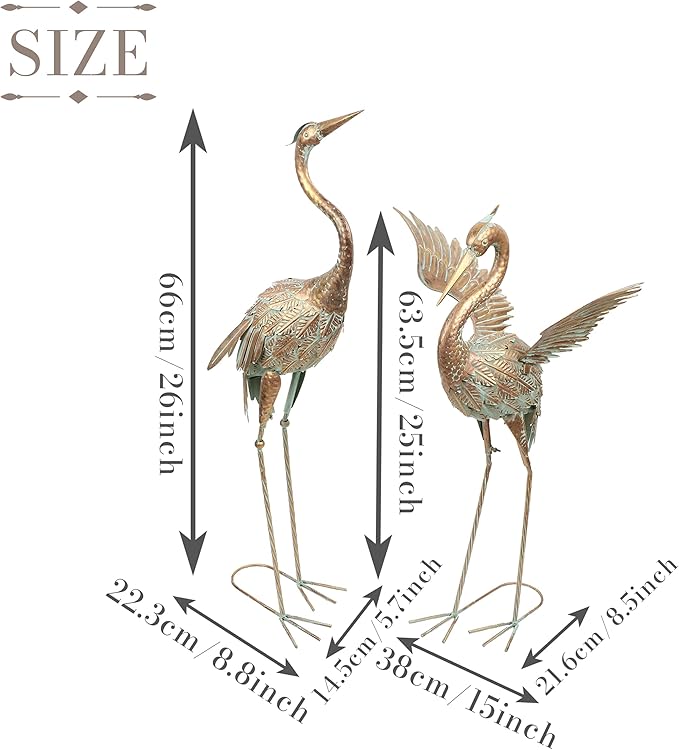 TERESA'S COLLECTIONS Yard Decorations Outdoor Garden Statues, Gold Metal Crane Yard Art, 25-26inch Lawn Ornaments for Backyard, Outside Porch, Patio, Wedding Decor,Set of 2,Spring Decor,Gifts for Mom