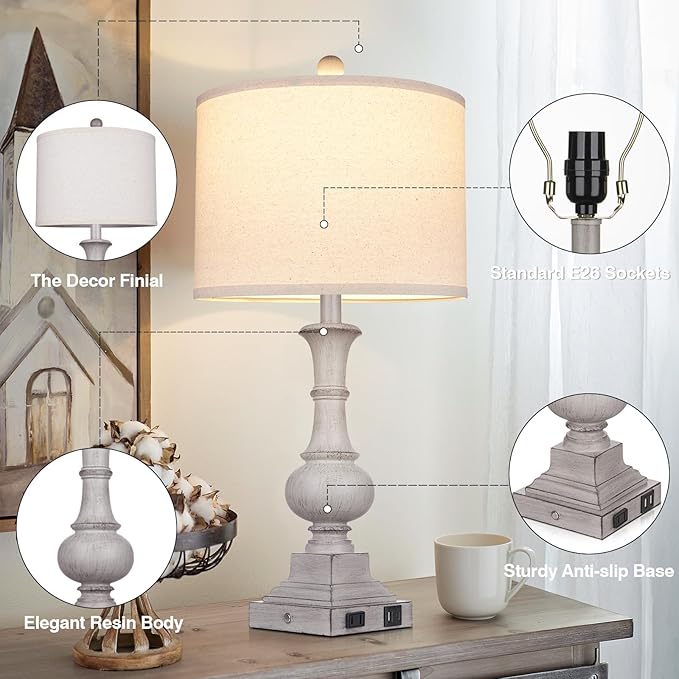 Farmhouse Lamps Set of 2, 26" Vintage Rustic Touch Control Bedside Lamp with USB A+C Ports & AC Outlet, 3-Way Dimmable Boho Nightstand Lamp Washed Resin Linen Fabric Shade for Living Room Bedroom Grey