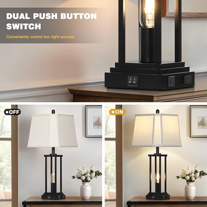 27" Tall Farmhouse Table Lamps with Bell Lampshade, Black Industrial Living Room Lamps Set of 2 with Night Light, Rustic Bedside Lamp with USB C+A Port & AC Outlet, Vintage Bedroom Lamp for Nightstand