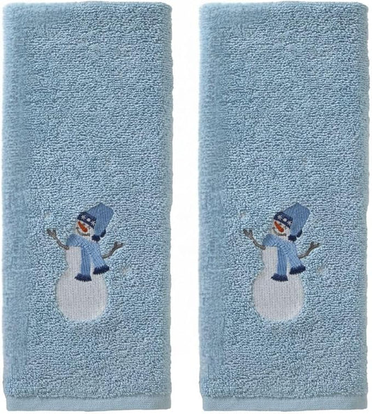 SKL Home Christmas/Winter Snowman Sled Hand Towel 2pc Set for Bath/Kitchen/Bar & Gift, Blue