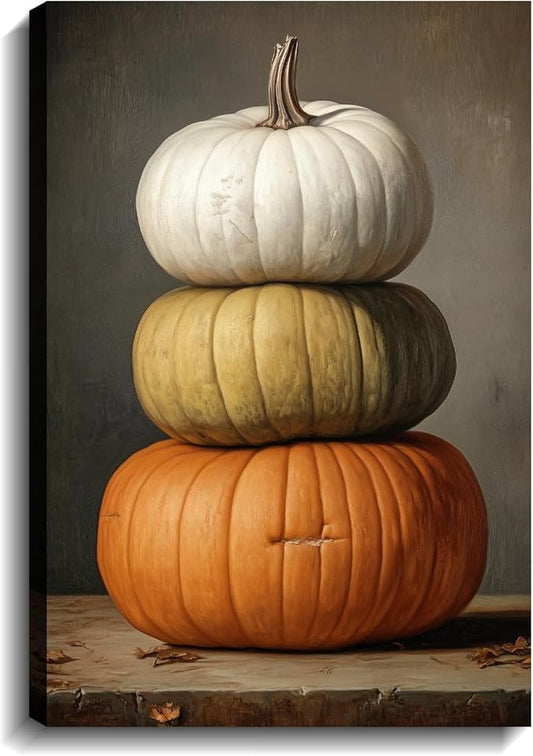 LYUNSHUO Pumpkin Wall Art Halloween Themed Canvas Wall Decor White Yellow Orange Pictures Farmhouse Autumn Harvest Posters Vintage Artwork for Modern Home Decor Frame - 28"x42"