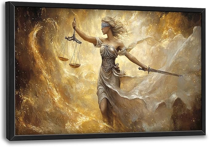 Lady Justice Large Wall Art Scales of Justice Pictures Wall Decor Themis Justitia Canvas Legal Principles Print Painting Modern Artwork Decoration for Lawyer Office Living Room Bedroom Bathroom Framed 24"x36"