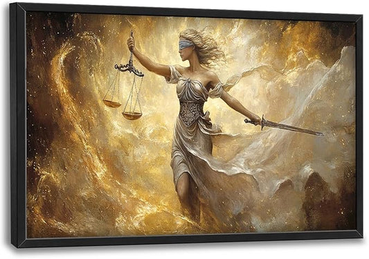 Lady Justice Large Wall Art Scales of Justice Pictures Wall Decor Themis Justitia Canvas Legal Principles Print Painting Modern Artwork Decoration for Lawyer Office Living Room Bedroom Bathroom Framed 24"x36"