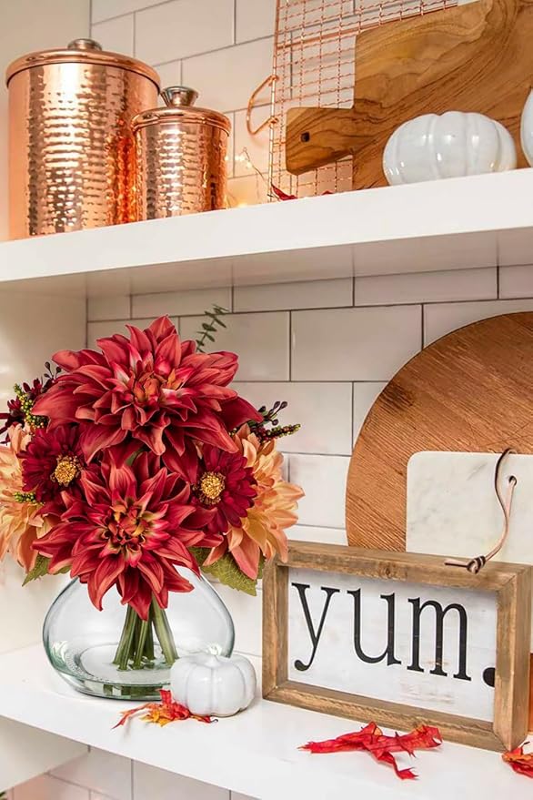 Briful Faux Fall Flowers in Vase, Artificial Dahlia & Mum Silk Floral Arrangement with Clear Glass Vase Fake Autumn Flowers Bouquet for Home Office Dining Room Table Centerpiece Decoration