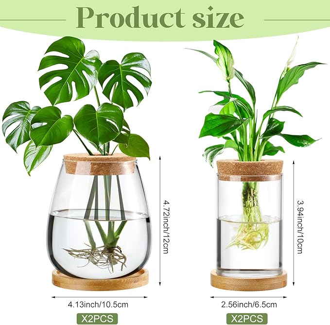 Layhit 4 Pcs Plants Propagation Stations Separated Desktop Plant Terrarium Glass Planter Vase with Wooden Lid and Bamboo Stand for Growing Hydroponic Home Office Tabletop Decoration (Classic Style)