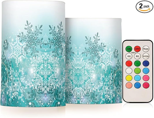Silver Winter Teal Turquoise Snowflakes Christmas Flickering Flameless Candles Battery Operated with Remote Timer,Tea Light Candles LED Pillar Votive Candles set of 2 for Outdoor Indoor Decorations