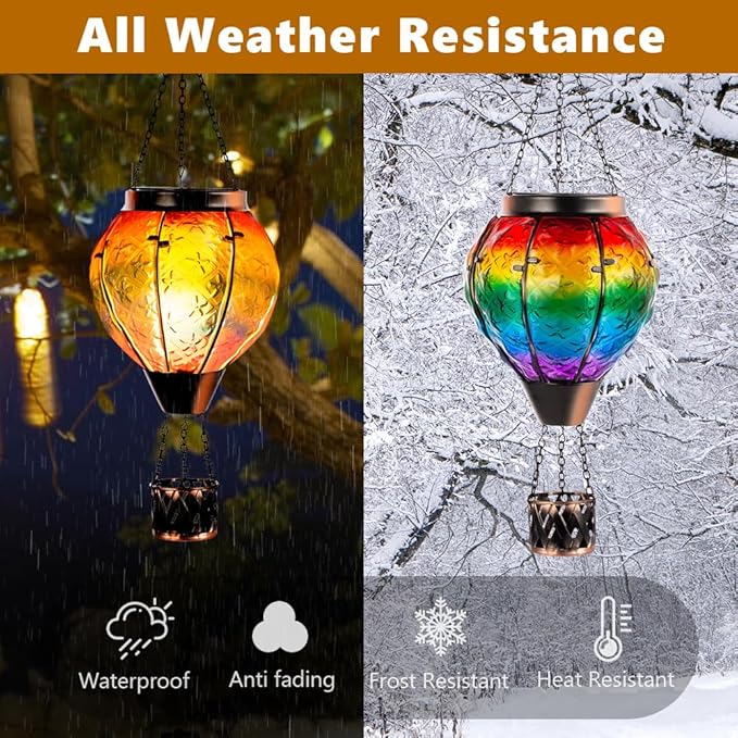 DREAMSOUL Rainbow Hot Air Balloon Solar Lantern, Metal & Glass With Flickering Flame, Hanging Waterproof Outdoor Lantern for Lawn, Patio, Tree Decor, Christmas Gifts