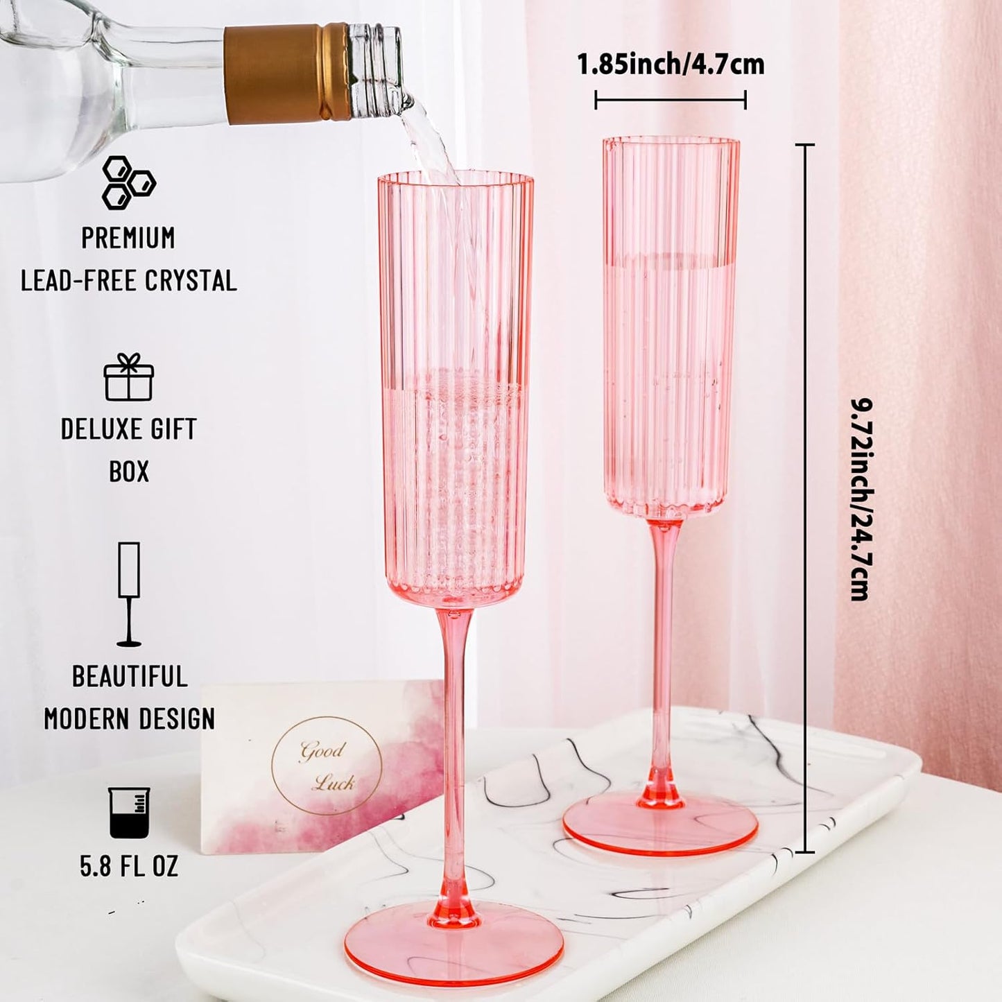 Ciaell 24 Pack Pink Plastic Champagne Flutes - 6oz Ribbed Disposable Champagne Glasses - Pink Vintage Mimosa Glasses with Long Stem, Elegant & Lightweight for Weddings and Party