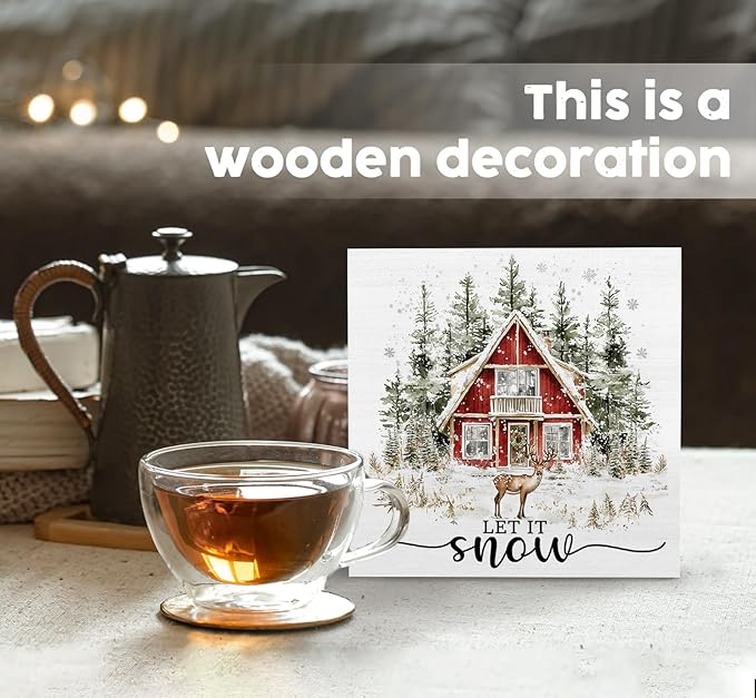 Let It Snow Sign, Winter Christmas Wooden Box Sign, Farmhouse Christmas Decorations, Farmhouse Winter Reindeer Wood Signs For Home Office Desk Table Shelf Decor, 8x8 Inch