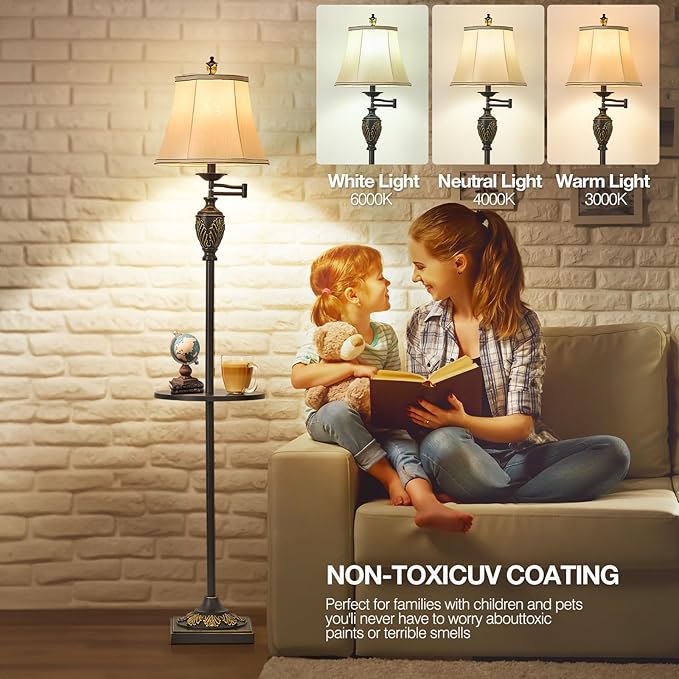 Traditional LED Floor Lamp with 350° Adjustable Swing Arm Lamp – Vintage Standing Pole lamp for Living Room, Bedroom and Office – Rustic Upright Floor Light for Home Décor with Silk Fabric Shade