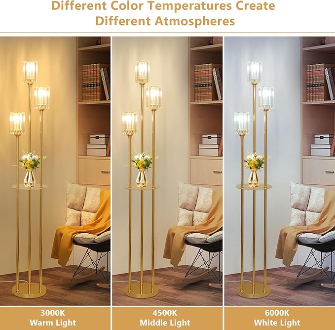HMVPL Gold Floor Lamps for Living Room, Modern Floor Lamp with Shelves, Crystal Standing Lamps with Table, Brass Tall Lamp with Crystal Shade, On/Off Switch, Mid Century Corner Floor Lamp for Bedroom
