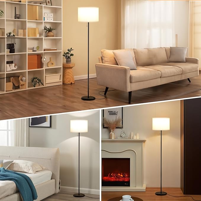 Ambimall Floor Lamps for Living Room with 3 Color Temperatures Bulb & Pull Chain Switch, 60" Modern Standing Floor Lamp for Bedroom Kids Room Study Room（White Shade & Black Pole）