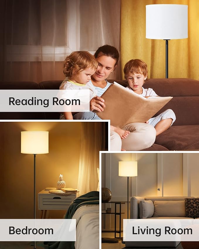 BoostArea Floor Lamps Standing Lamp, Modern 58" Tall Lamp with White Lampshade, Simple Small Pole Lamp for Bedroom, Pedal Switch, Black Small Lamps for Kid Room/Office/Reading Room(E26 Base, NO Bulb)