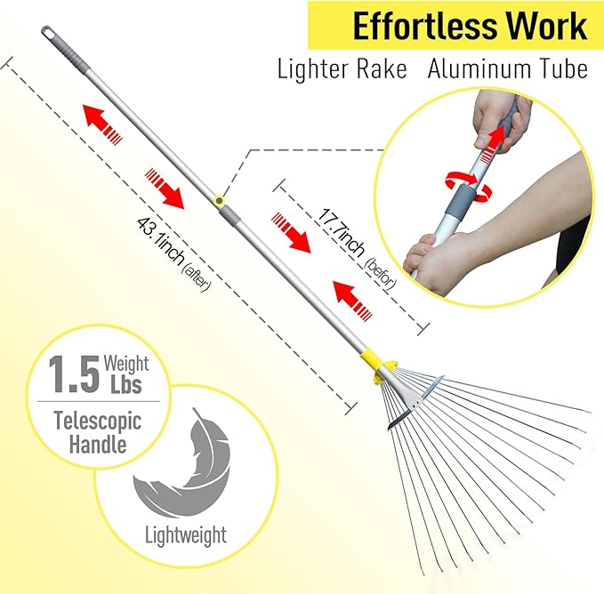 JARDINEER Adjustable Metal Leaf Rake, for Leaves Shrubs and Small Areas in Garden, Yard, Lawn, with Expandable Head 7-23", for Men Women Kids