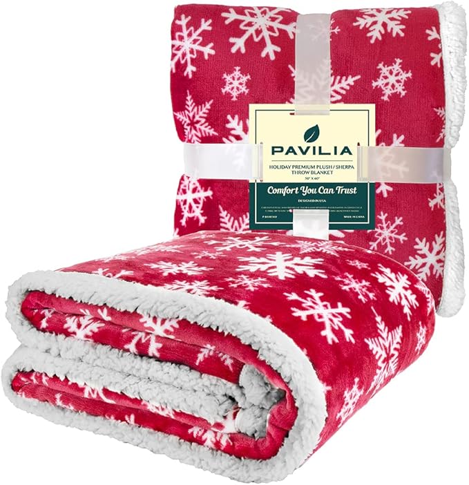 PAVILIA Red Snowflake Christmas Sherpa Throw Blanket, Ultra Soft Reversible Fleece Sherpa 60x80 Winter Blanket for Couch & Bed, Cozy Christmas Home Decor