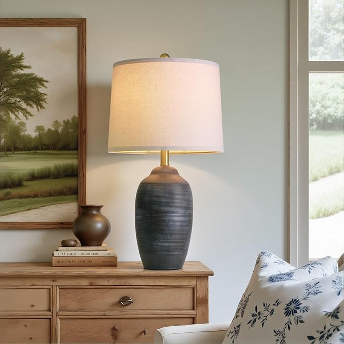 24.5" Vintage Ceramic Table Lamp - Single Farmhouse Rustic Bedside Lamp with Natural Textured Finish, Nightstand Lamps for Living Room, Bedroom, End Table, Office Retro Black
