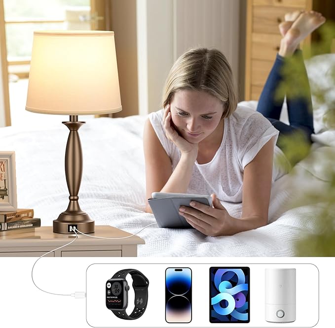 Seealle White Brown Lamps for Bedrooms Set of 2 - Touch Control Bedside Lamp with USB C+A, 3 Way Dimmable Nightstand Lamps with USB Port, Table Lamp for Living Room(White Shade and Brown Base)