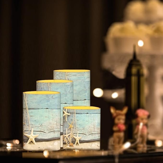 Flameless Candles 4 Pcs, Battery Powered with Timer Remote Control Color Changing Everlasting Pillar Candle Set Indoor Outdoor Coastal Decor, Beach Starfish with Blue Wood Grain