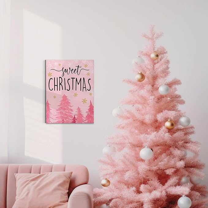 BIWSHA Pink Christmas Wall Art Prints,Retro Vintage Christmas Xmas Tree Wall Decor,Christmas Winter Holiday Wall Art Prints for Living Room Bedroom Kitchen Decor 11x14 Inch