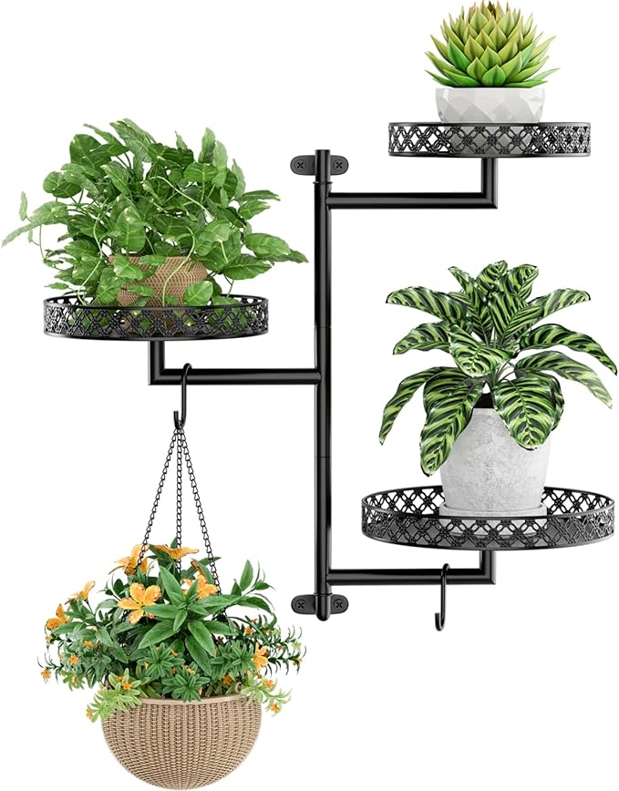 OVICAR Rotating Window Plant Shelves - Indoor Wall Plant Stand 3-Tier Floral Metal Window Shelf Holder for Multiple Plants with Hanging Hooks Home Decor Black