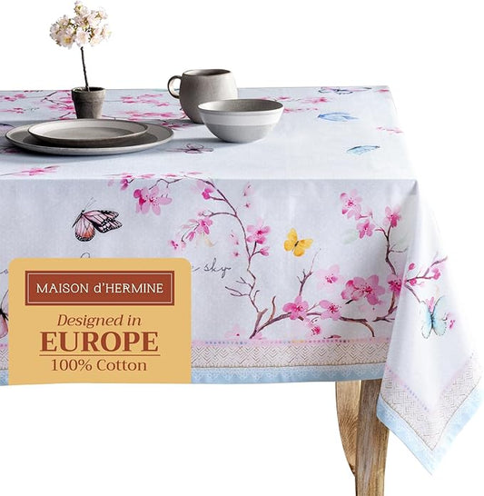 Maison d' Hermine Table Cloth Rectangle Table 100% Cotton 70 x 90 Inches Tablecloth Reusable Decorative for Dining Room, Farmhouse, Home, Party, Festive & Wedding Spring Summer - Blossoms in Spring