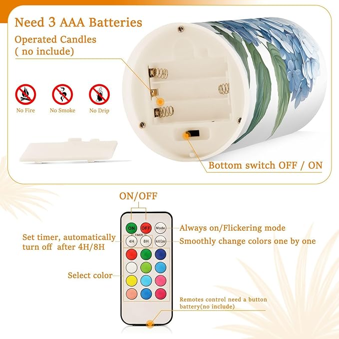 ALAZA Blue Hydrangea Flowers Flickering Flameless Candles Battery Operated with Remote Timer,Tea Light Candles LED Pillar Votive Candles Set of 2 for Outdoor Indoor Decorations