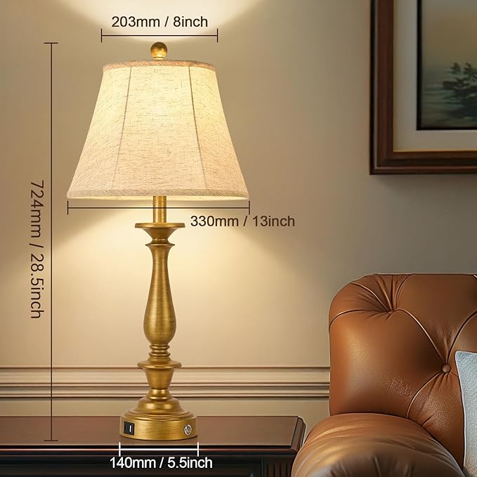 AIDENOEY 28.5" Traditional Table Lamp Set of 2, Rustic Farmhouse Table Lamps for Living Room Bedroom, Bedside Desk Lamps Vintage Nightstand Lamps with Silk Fabric Shades，Antique Gold Table Lamp