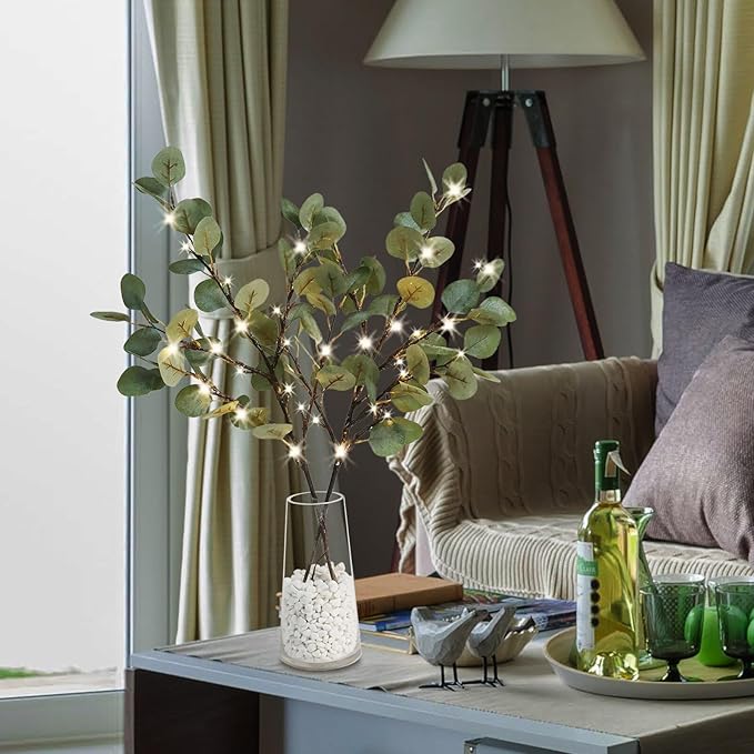 Lighted Eucalyptus Branches, 32 Inch Branches with 32 LED Lights, Battery Powered Eucalyptus Branches for Vases, Prelit Tree Braches for Home Wedding Indoor Outdoor Spring Decorations, Timer