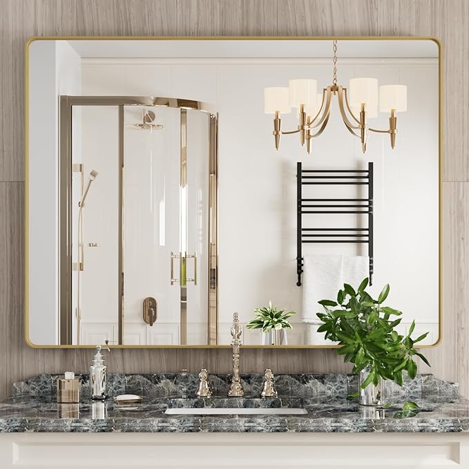 Gold Bathroom Mirror, 48x36 Inch Brushed Gold Metal Frame Mirror for Wall, Rounded Rectangle Bathroom Vanity Mirror, Tempered Glass, Anti-Rust, Horizontal/Vertical