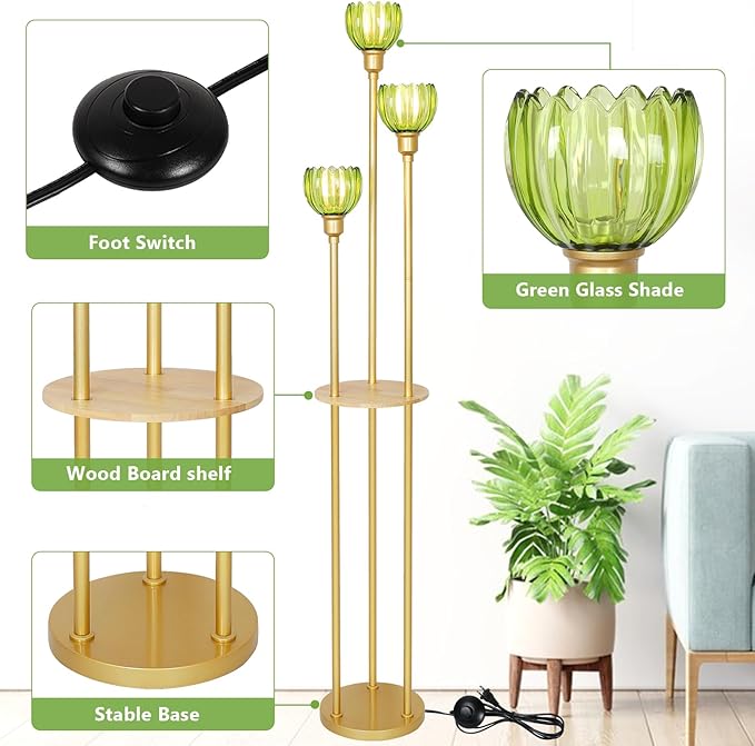 HMVPL MVPL Crystal Floor Lamp with Shelves,Floor Lamps for Living Room (Gold-Green Flower Shade, Glass)