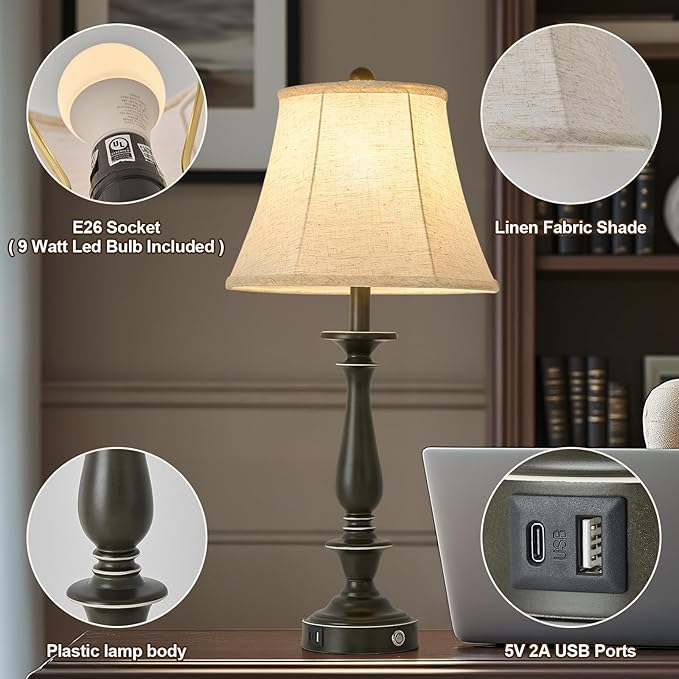 AIDENOEY 28.5" Traditional Table Lamp Set of 2, Rustic Farmhouse Table Lamps for Living Room Bedroom, Bedside Desk Lamps Vintage Nightstand Lamps with Silk Fabric Shades, Taupe with Rubbed Edge