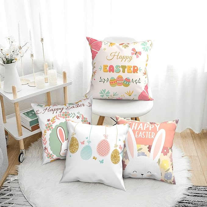 Easter Throw Pillow Covers 18 x 18 Inch Set of 4 Happy Easter Eggs Bunny Rabbits Pink Spring Decor Cushion Covers for Home Sofa Couch Decoration