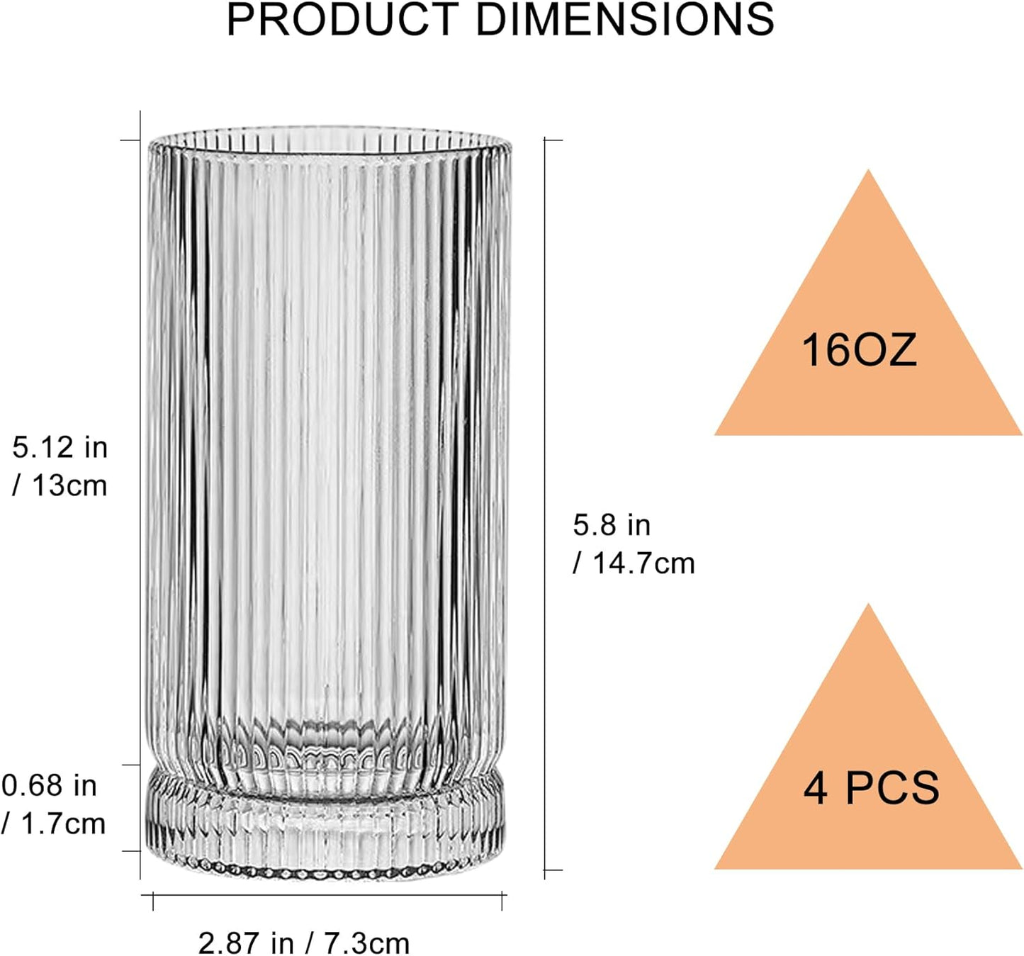 Ribbed Highball Glasses 16 oz - Set of 4 Vertical Drinking Glassware - Fits For Home Bars, Offices, or Restaurants - Water Glass Cups Dishwasher Safe